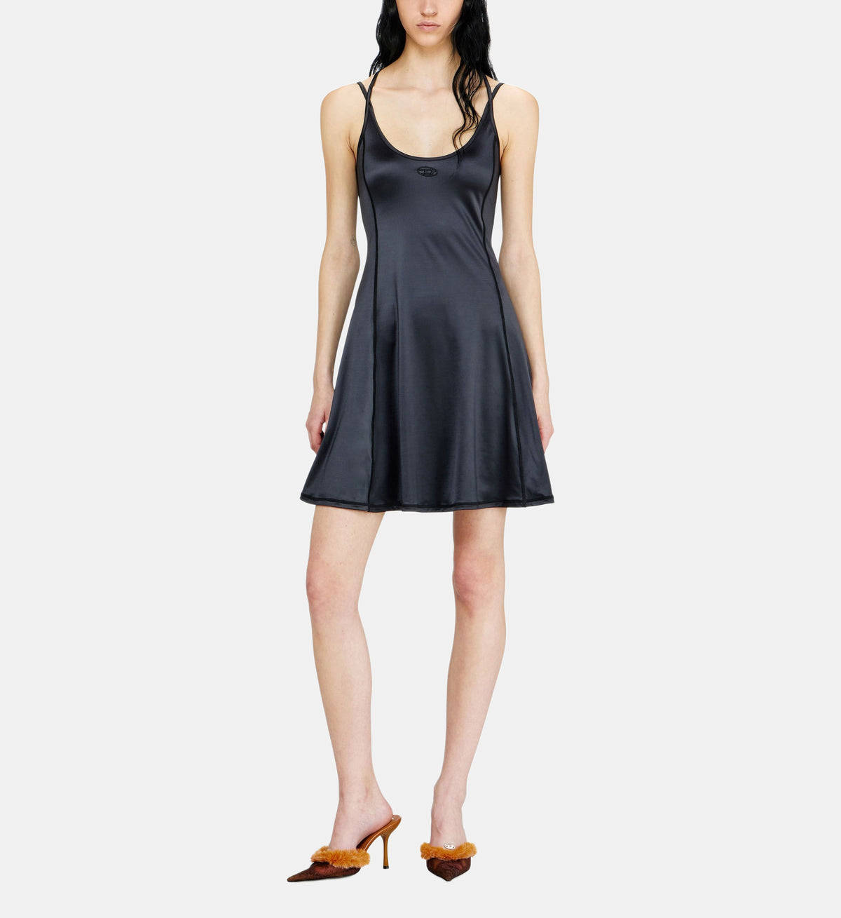 Fluid Dress with Double Spaghetti Straps - Black - Image 1