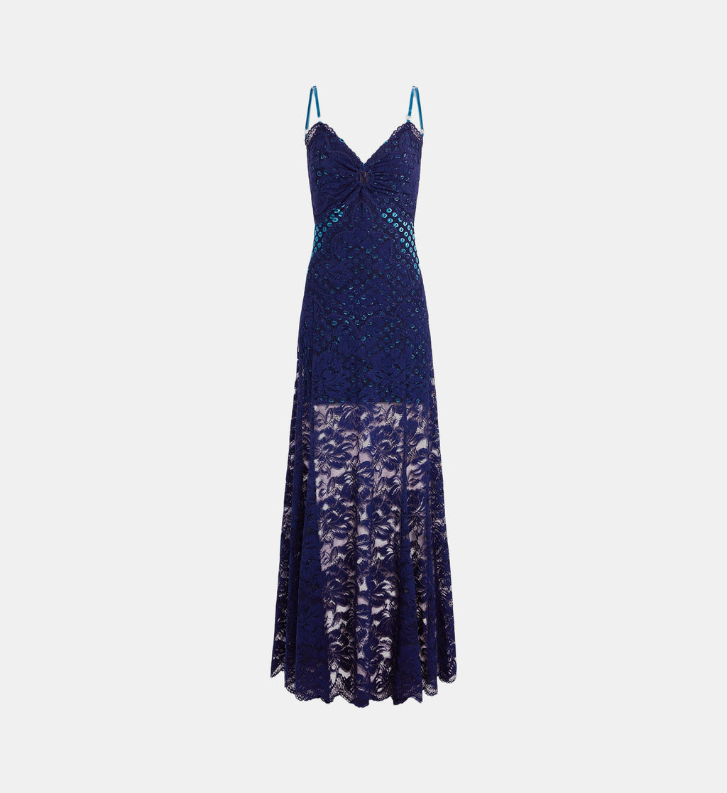 Trompe-l'Oeil Lace Maxi Dress - Navy Blue - Image 2