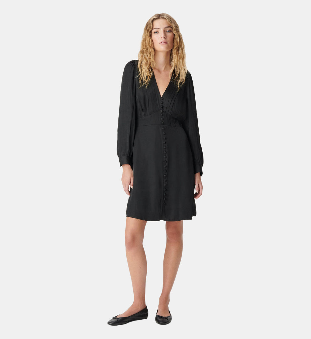 Short Satin Dress with Small Buttons - Black - Image 1