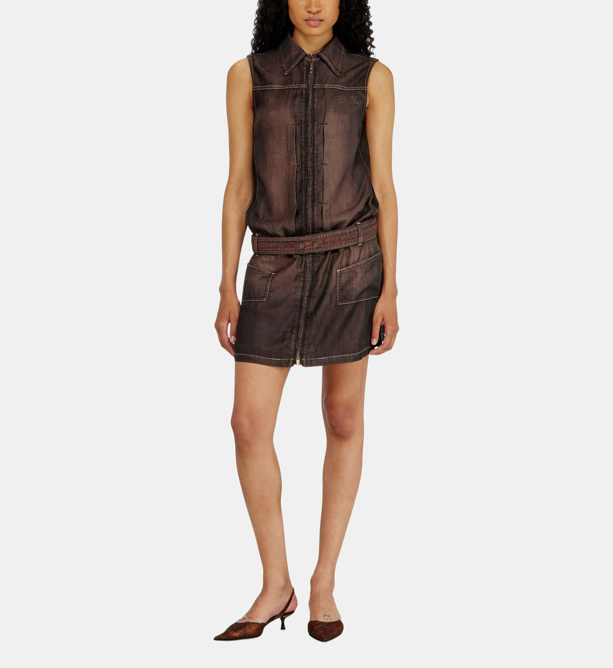 Short Fluid Coated Denim Dress - Brown - Image 1