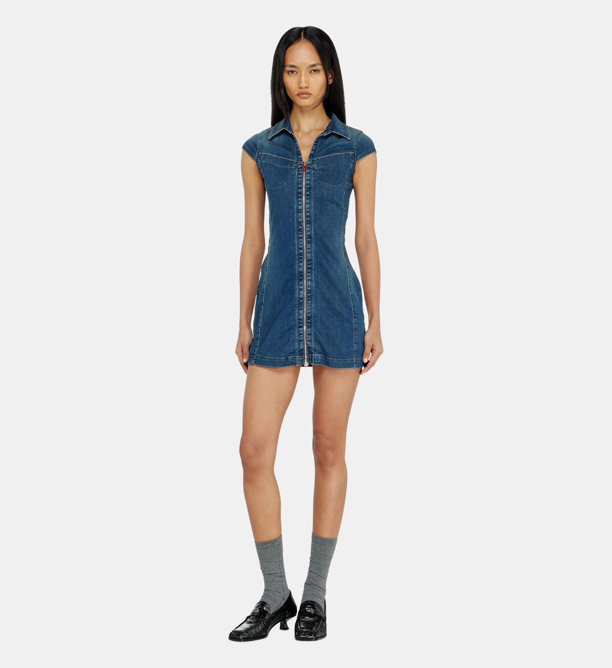 Full-Zip Denim Shirt Dress - Medium Blue - Image 1