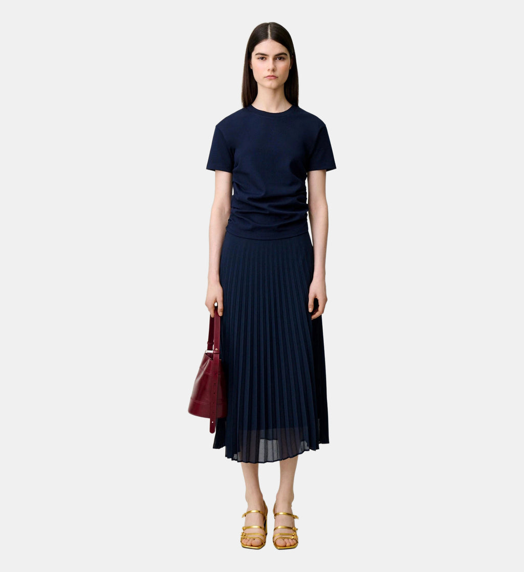 Mixed-Material Trompe-l'Oeil Dress - Navy - Image 1