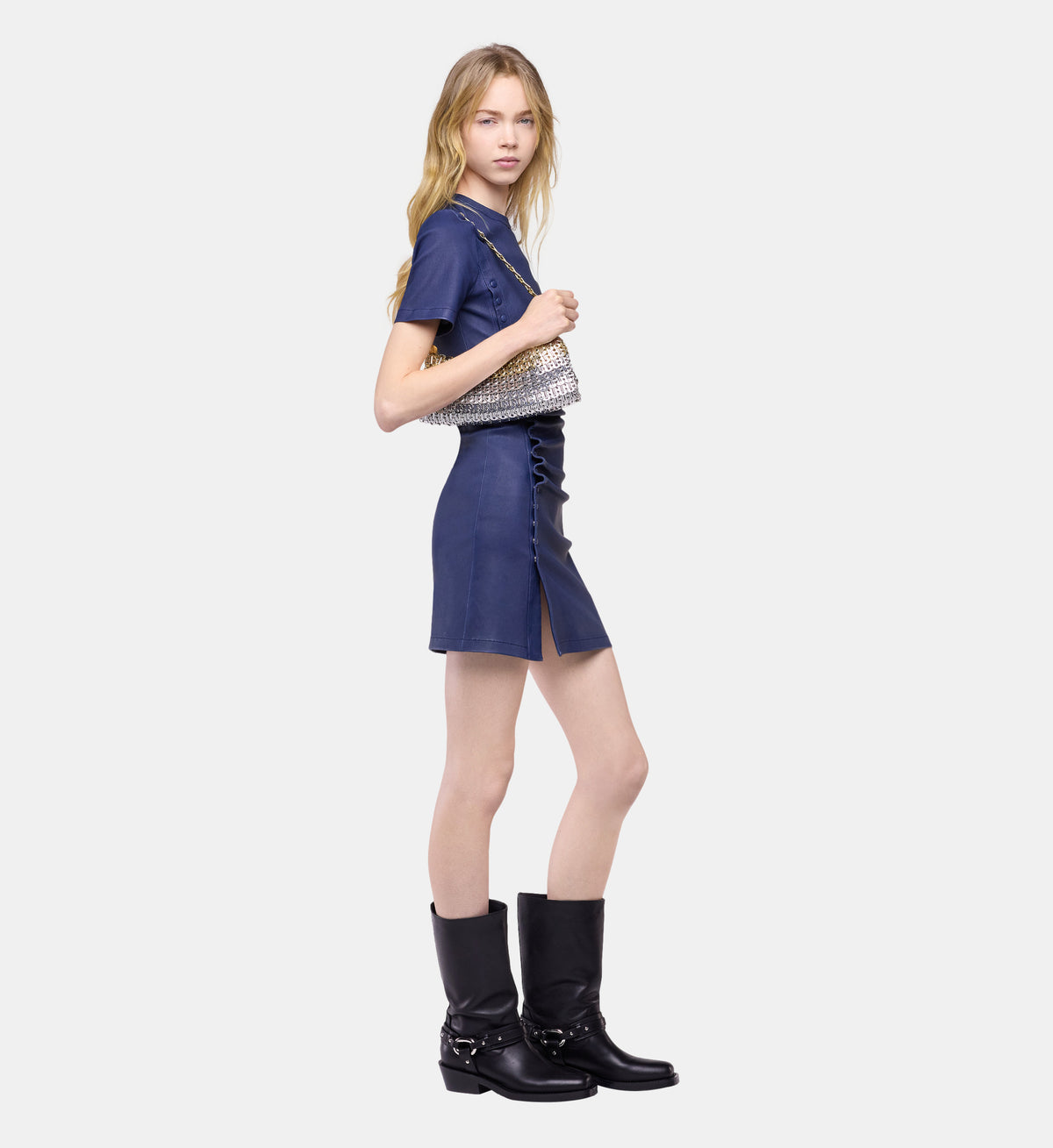 Lambskin Leather Mini Dress - Midnight Blue - Image 2