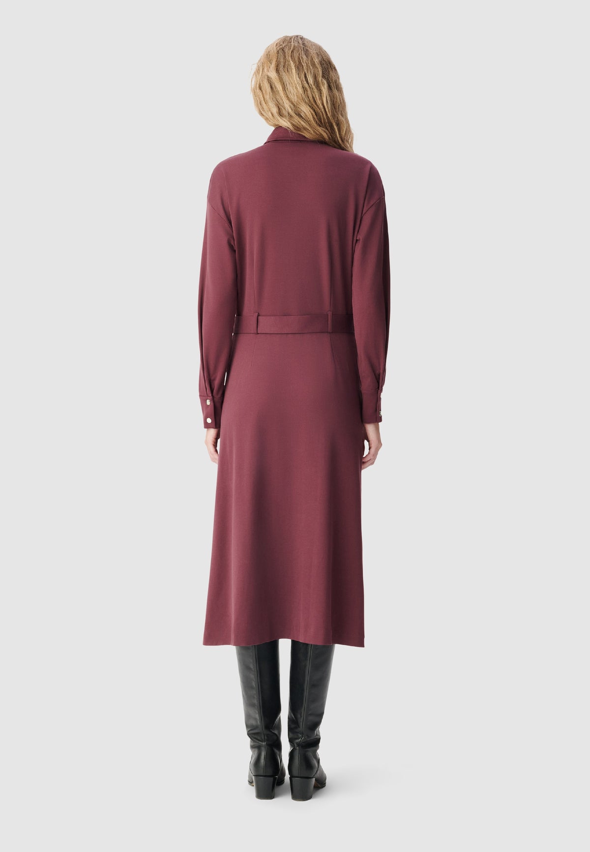 Belted Long Knit Shirt Dress - Burgundy Red - Image 2