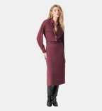 Belted Long Knit Shirt Dress - Burgundy Red - Image 1