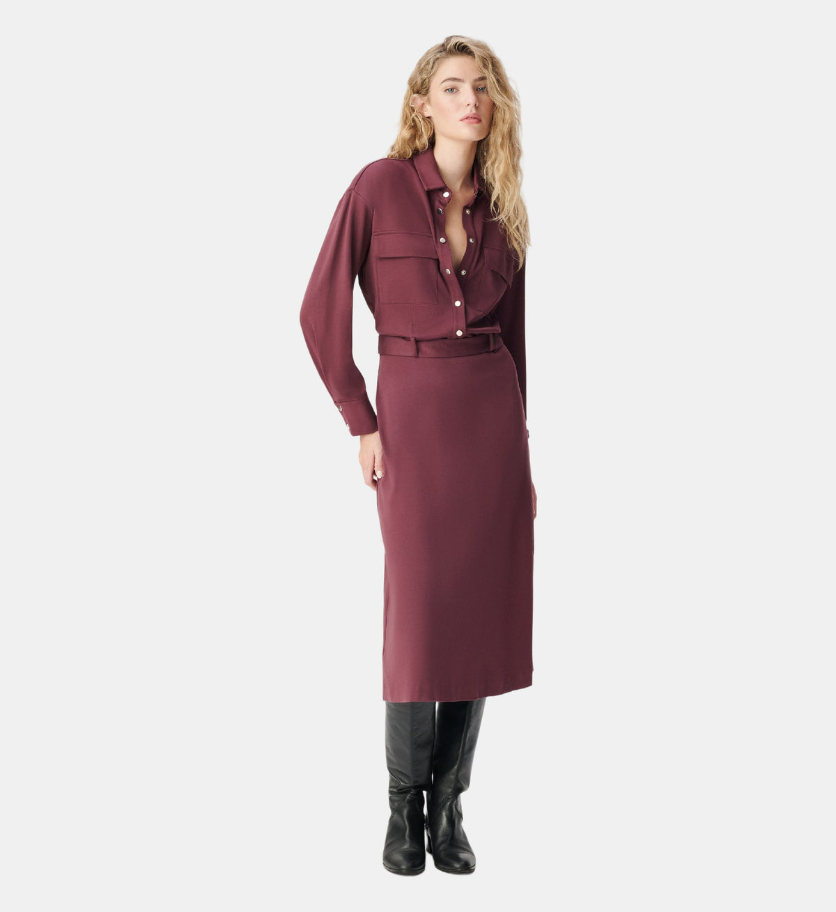 Belted Long Knit Shirt Dress - Burgundy Red - Image 1