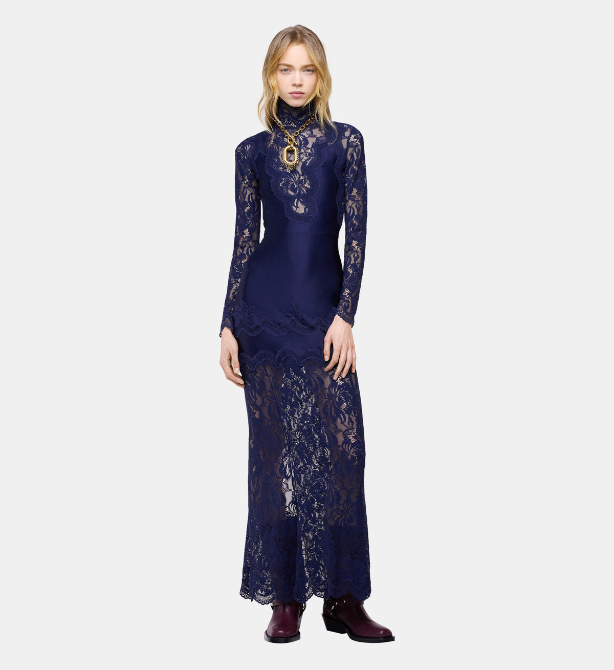Lace and Jersey Maxi Dress - Navy Blue - Image 1