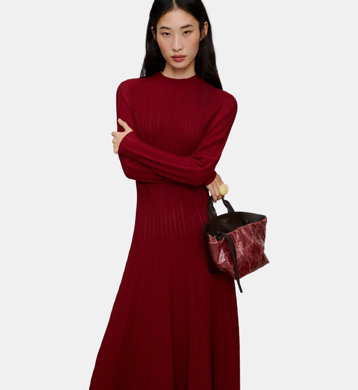 Perkins-Neck Midi Dress - Red - Image 1
