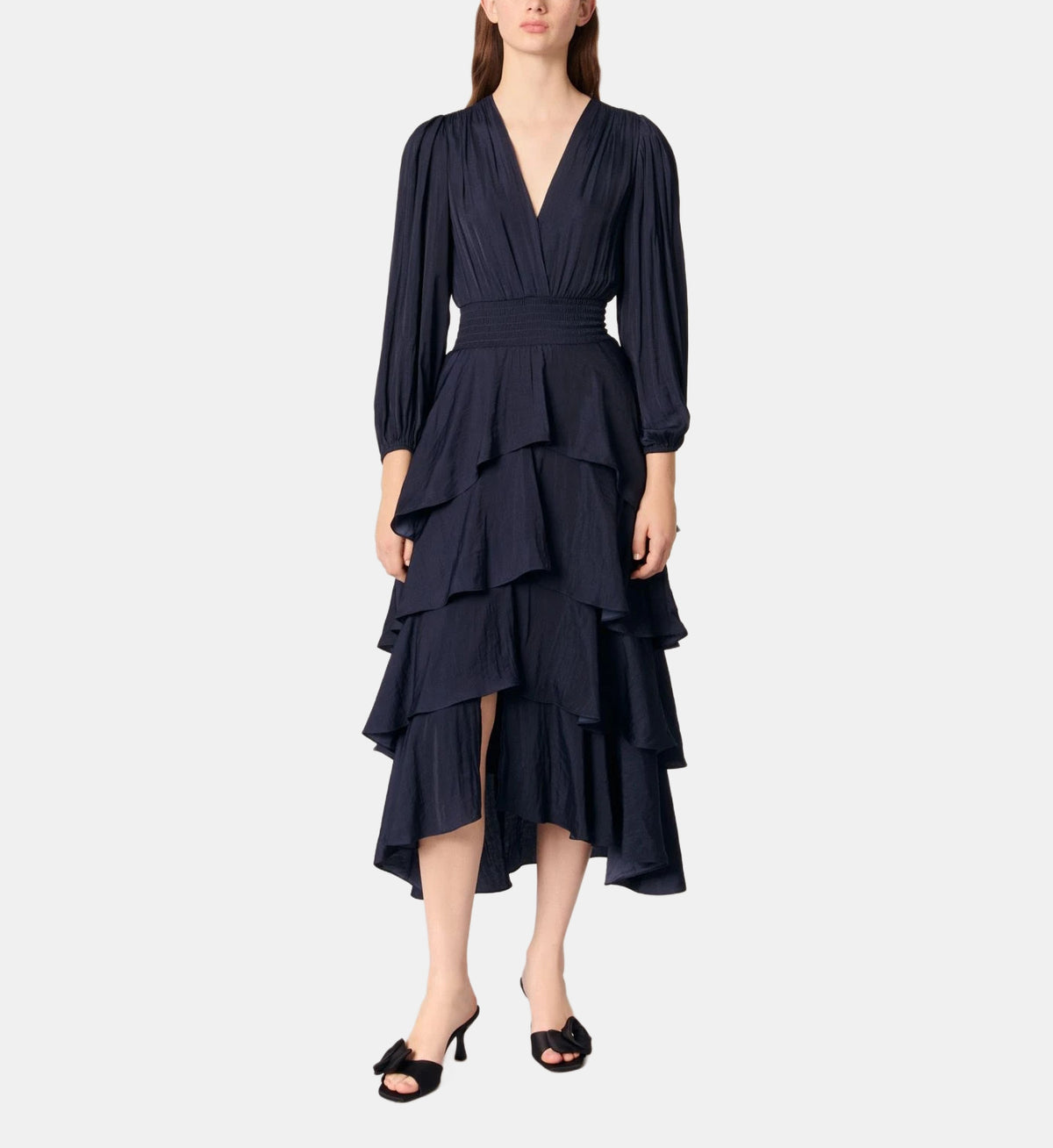 Fluid Ruffled Midi Dress - Navy Blue - Image 1