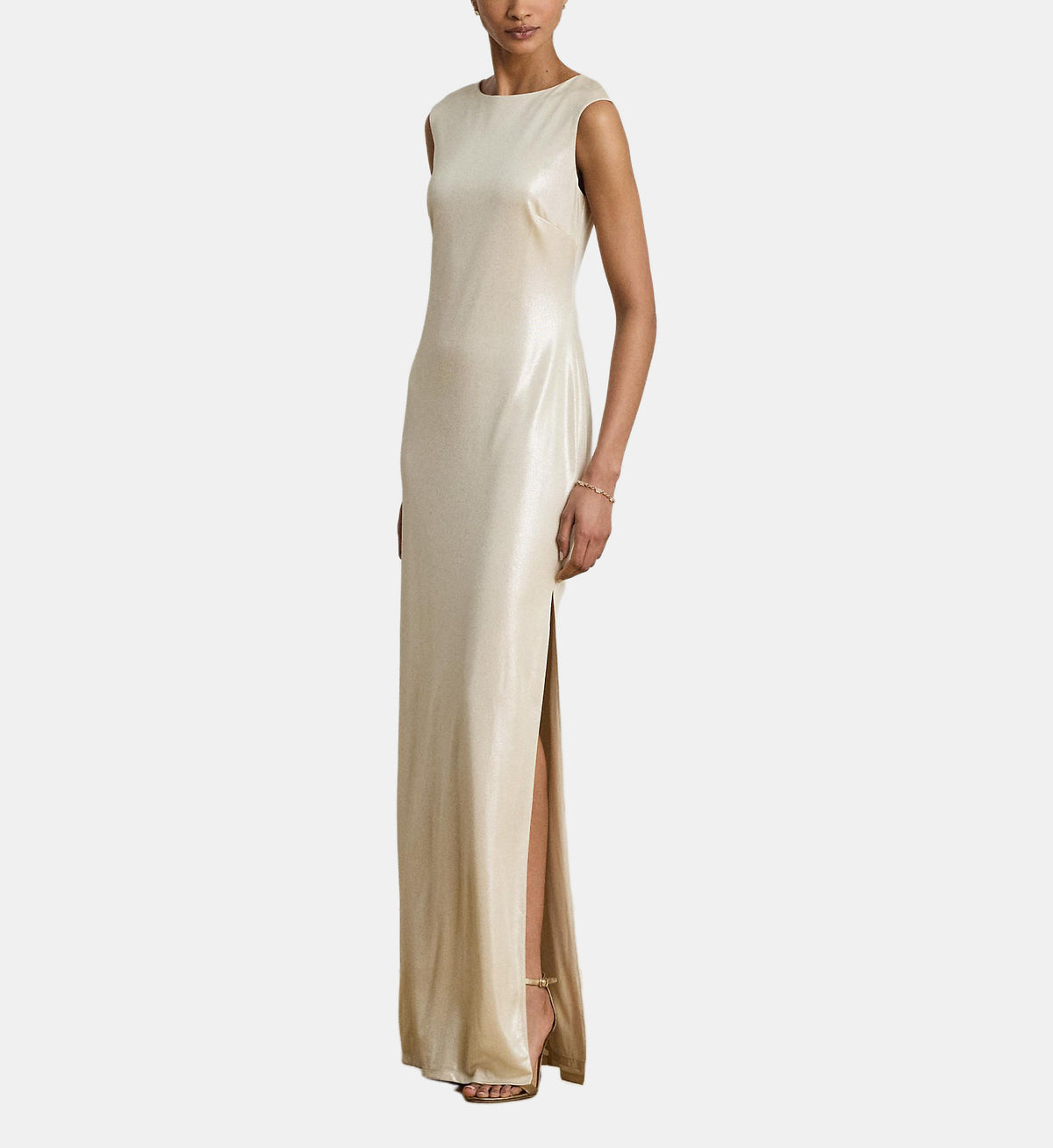 Metallic Boat-Neck Jersey Dress - Champagne Cream - Image 1