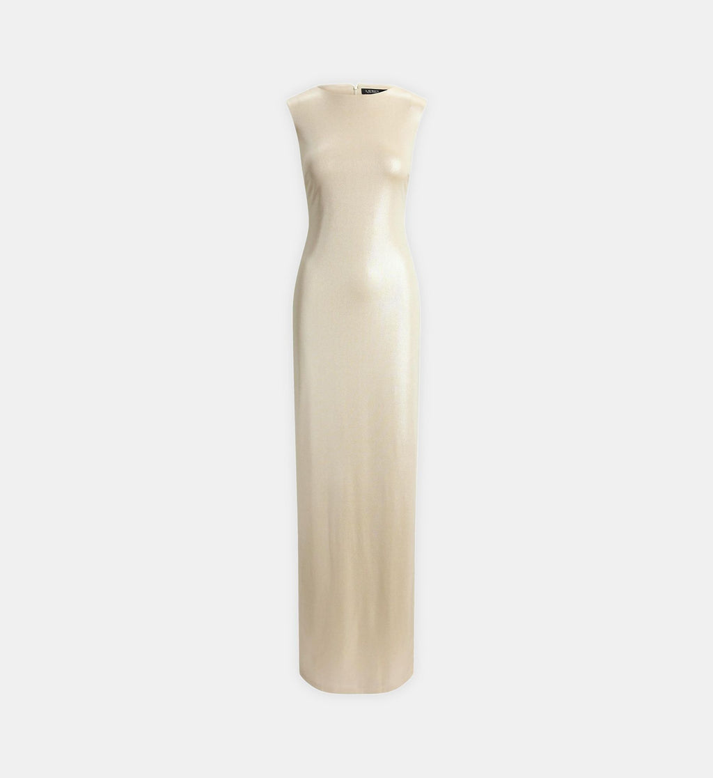 Metallic Boat-Neck Jersey Dress - Champagne Cream - Image 2