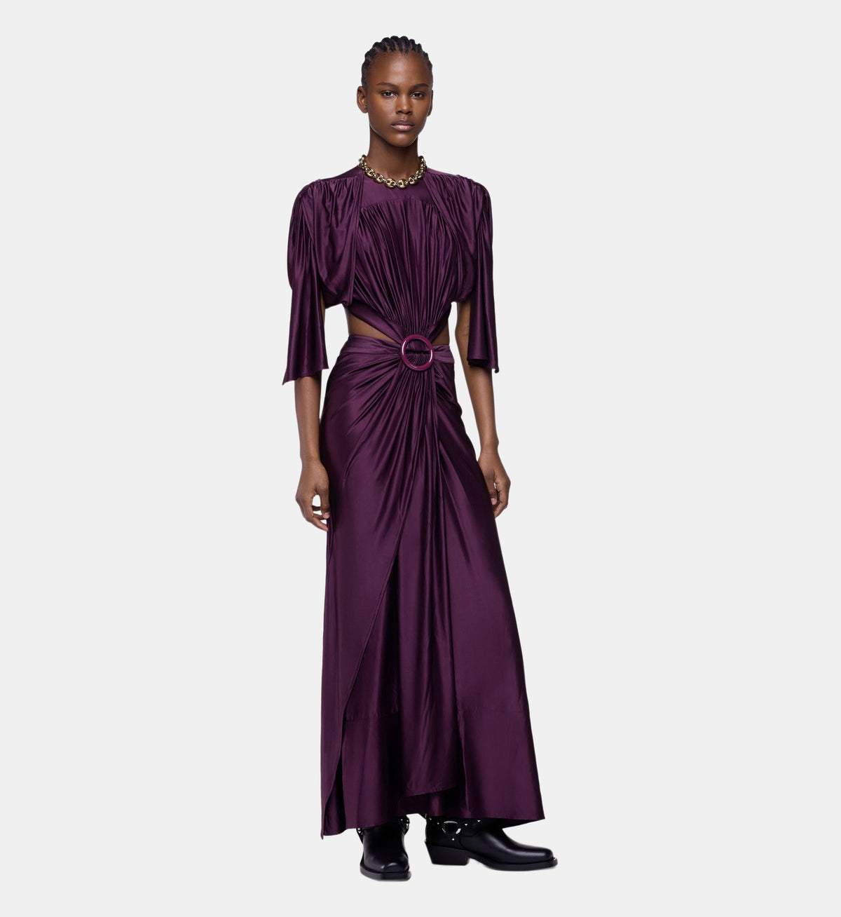 Asymmetric Midi Dress with Gathered Details - Magenta Purple - Image 1