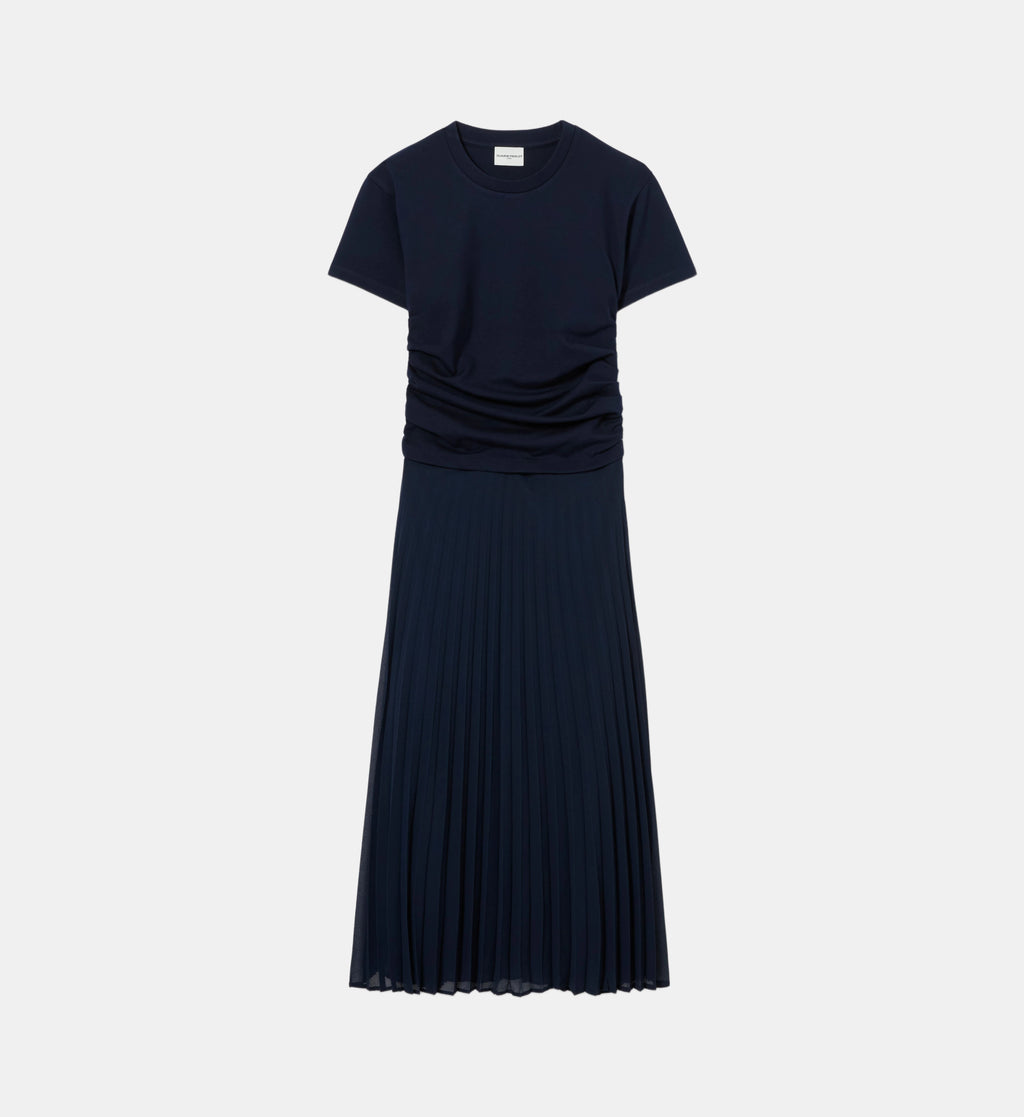Mixed-Material Trompe-l'Oeil Dress - Navy - Image 2