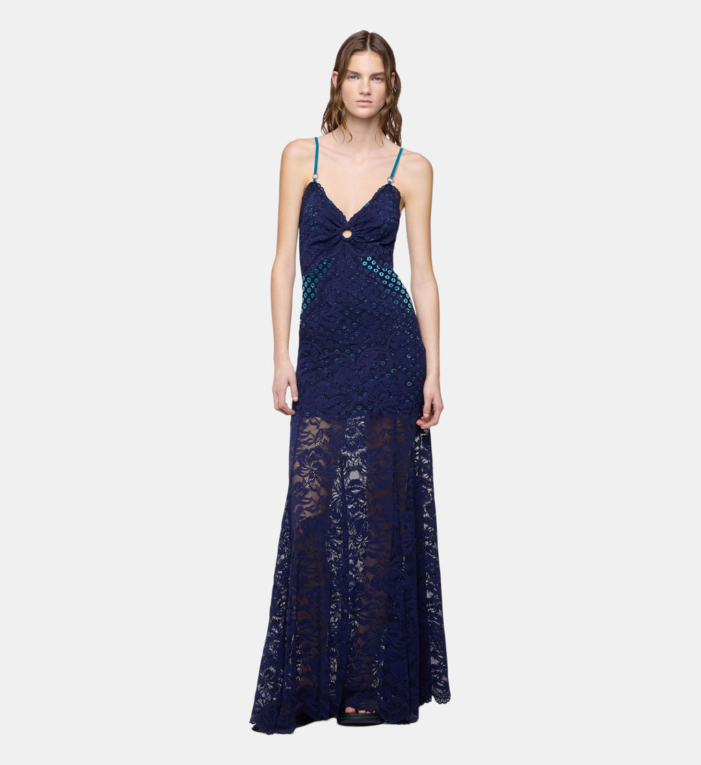Trompe-l'Oeil Lace Maxi Dress - Navy Blue - Image 1