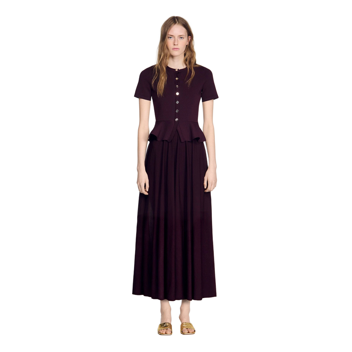Long Knit Peplum Dress - Burgundy - Image 1