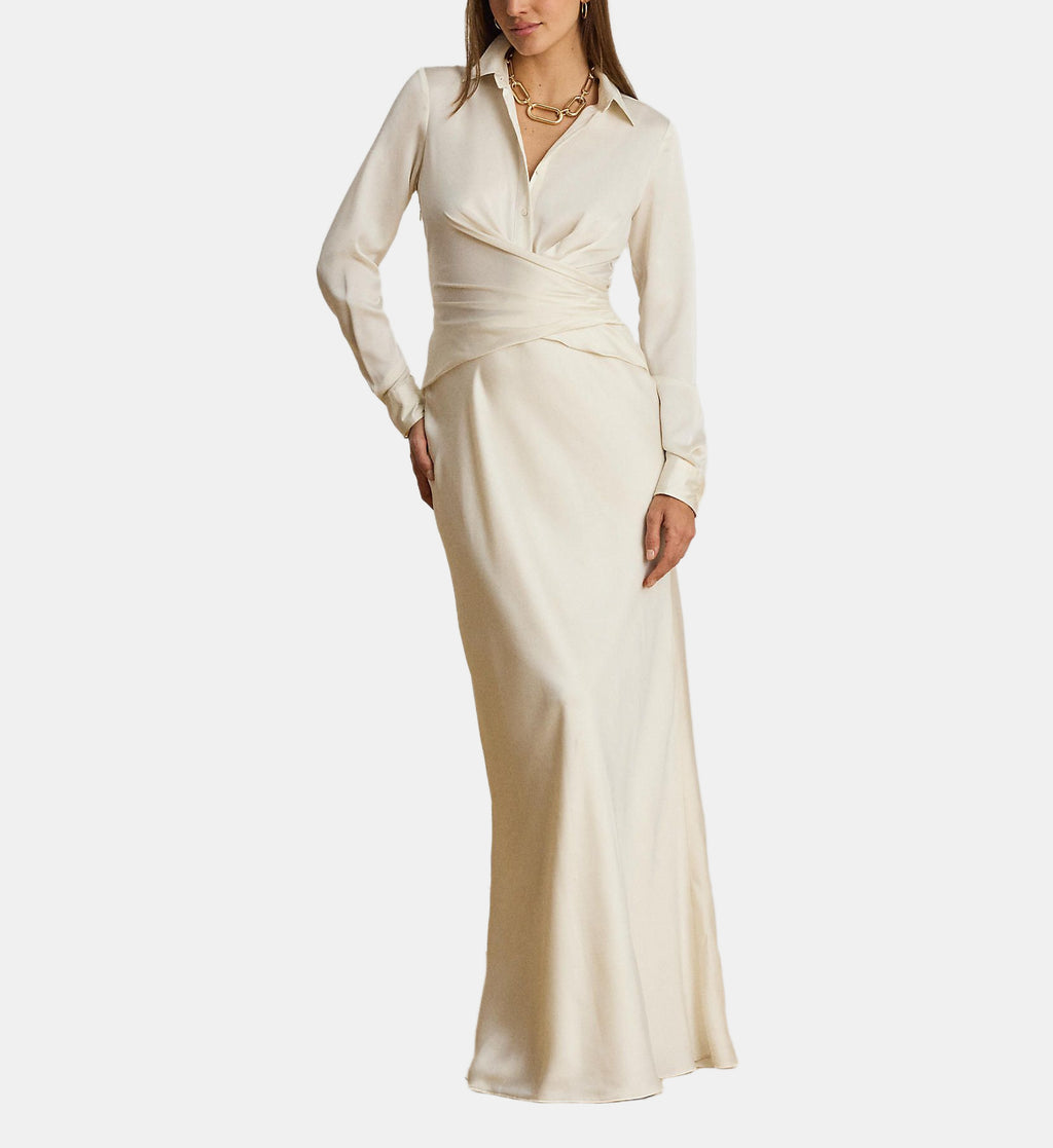 Pleated Buttoned Charmeuse Dress - Cream White - Image 1