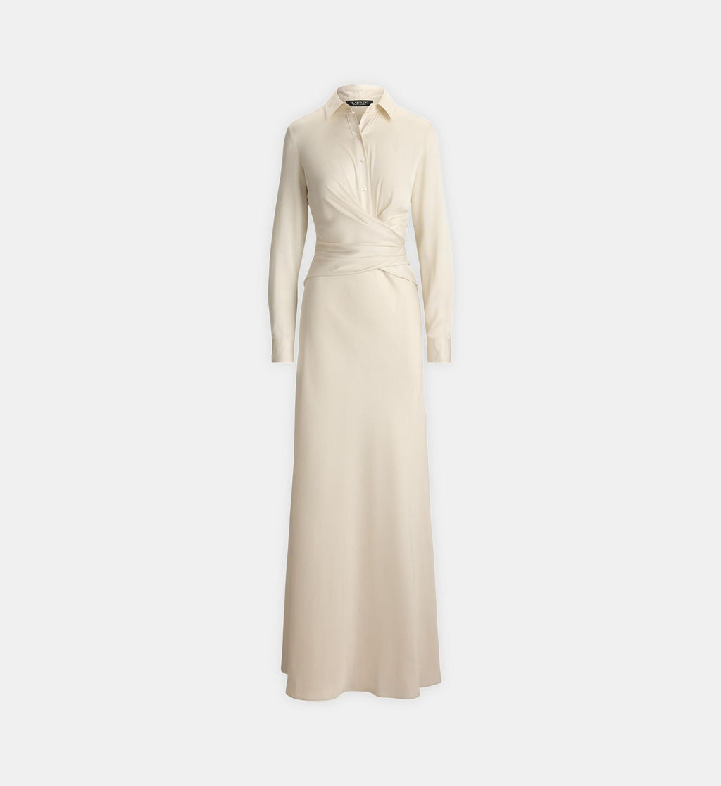 Pleated Buttoned Charmeuse Dress - Cream White - Image 2