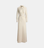 Pleated Buttoned Charmeuse Dress - Cream White - Image 2