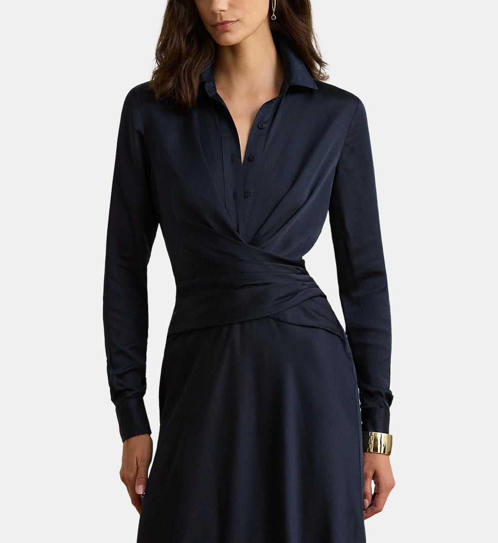 Pleated Buttoned Maxi Dress - Dark Blue - Image 1