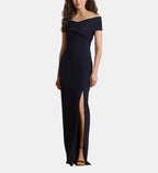 Fitted Off-Shoulder Faille Dress - Dark Blue - Image 1