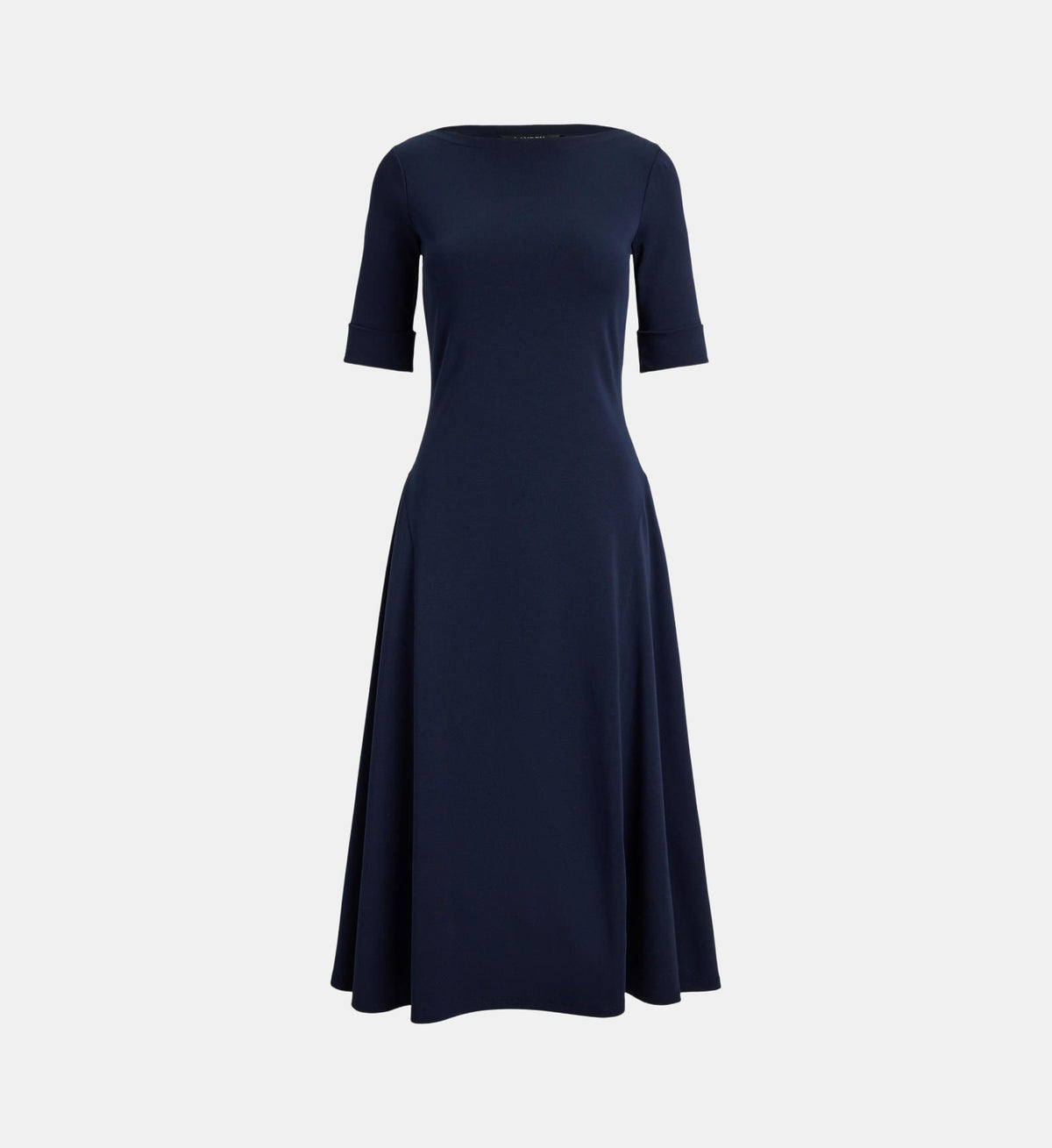 Fitted Short-Sleeve Midi Dress - Dark Blue - Image 2