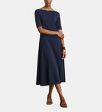 Fitted Short-Sleeve Midi Dress - Dark Blue - Image 1
