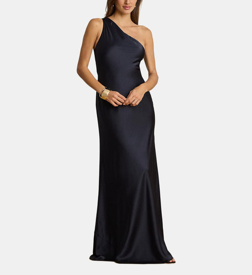 Asymmetric Satin Charmeuse Dress - Dark Blue - Image 1