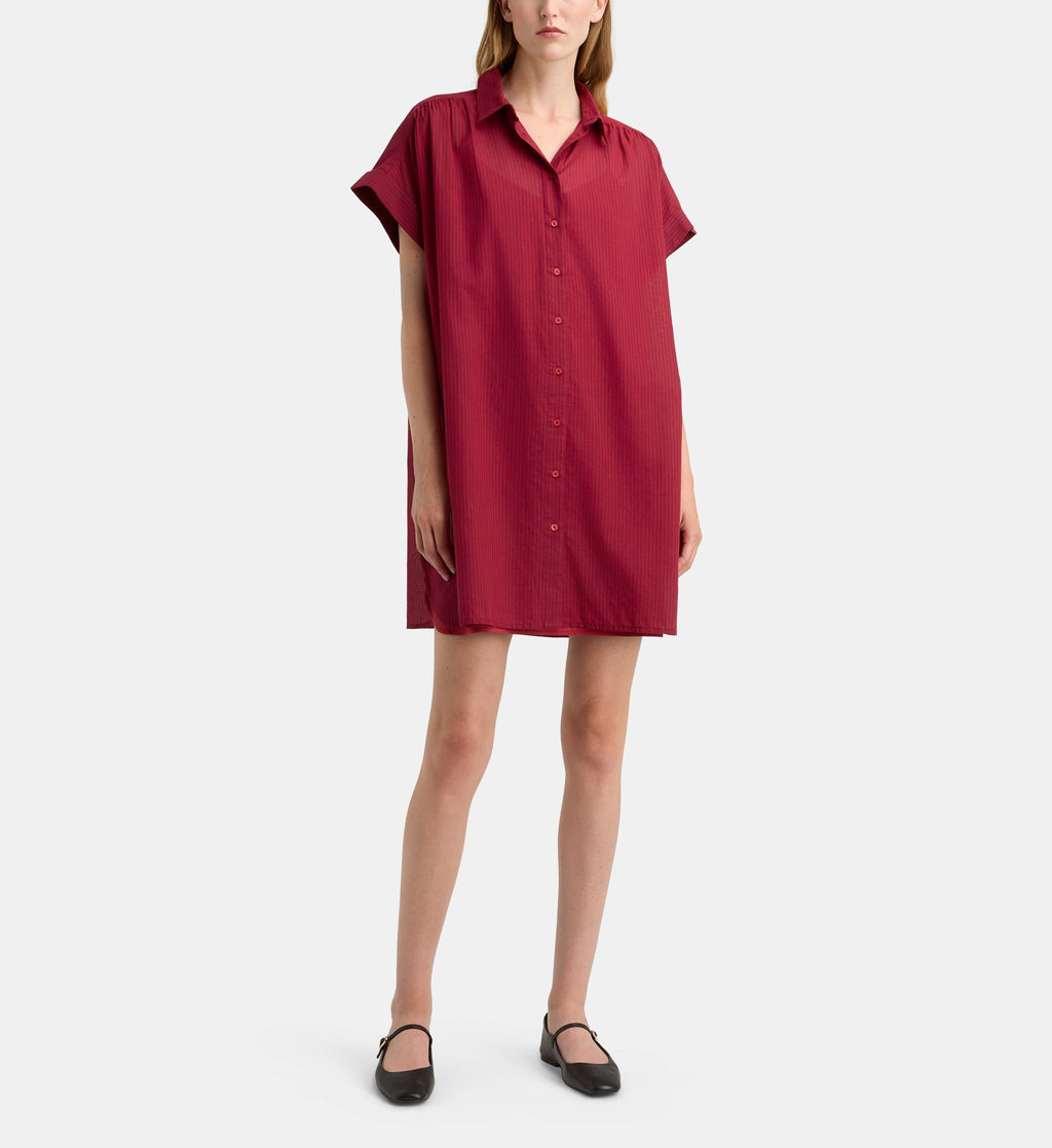 Fadette Dha Short Striped Shirt Dress with Organic Cotton Slip - Pomegranate Red - Image 1