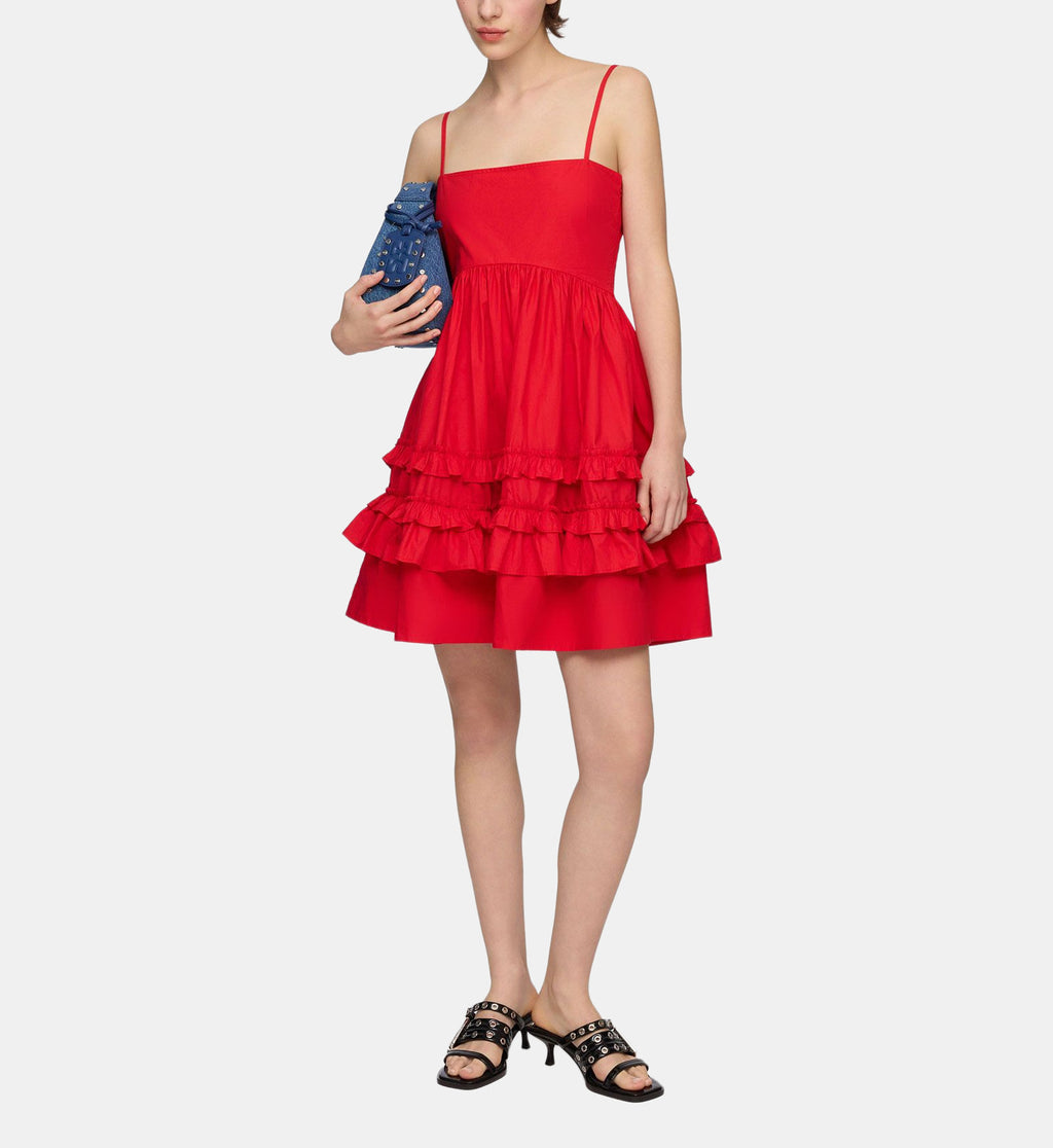Short Ruffled Cotton Dress - Red - Image 1