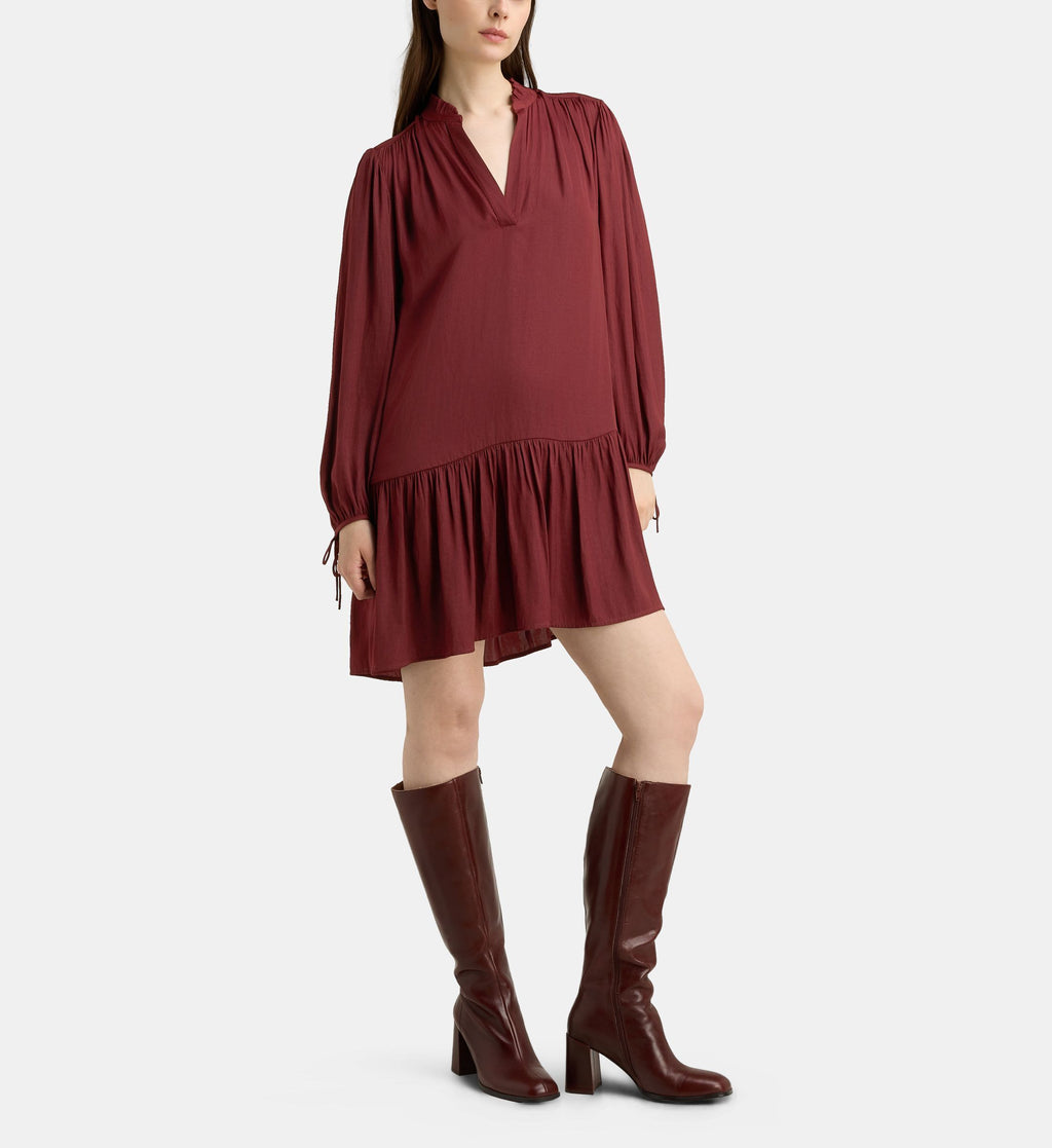 Elmer Satl Short Gathered Satin Dress - Burgundy - Image 1