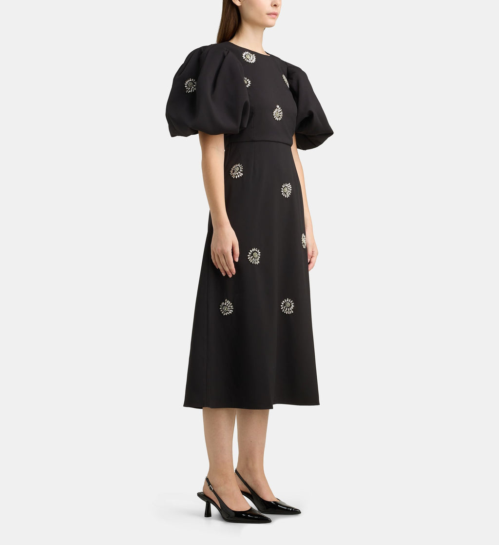 Puff-Sleeve Maxi Dress with Rhinestone Flowers - Black - Image 1