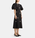 Puff-Sleeve Maxi Dress with Rhinestone Flowers - Black - Image 1