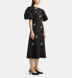 Puff-Sleeve Maxi Dress with Rhinestone Flowers - Black - Image 1