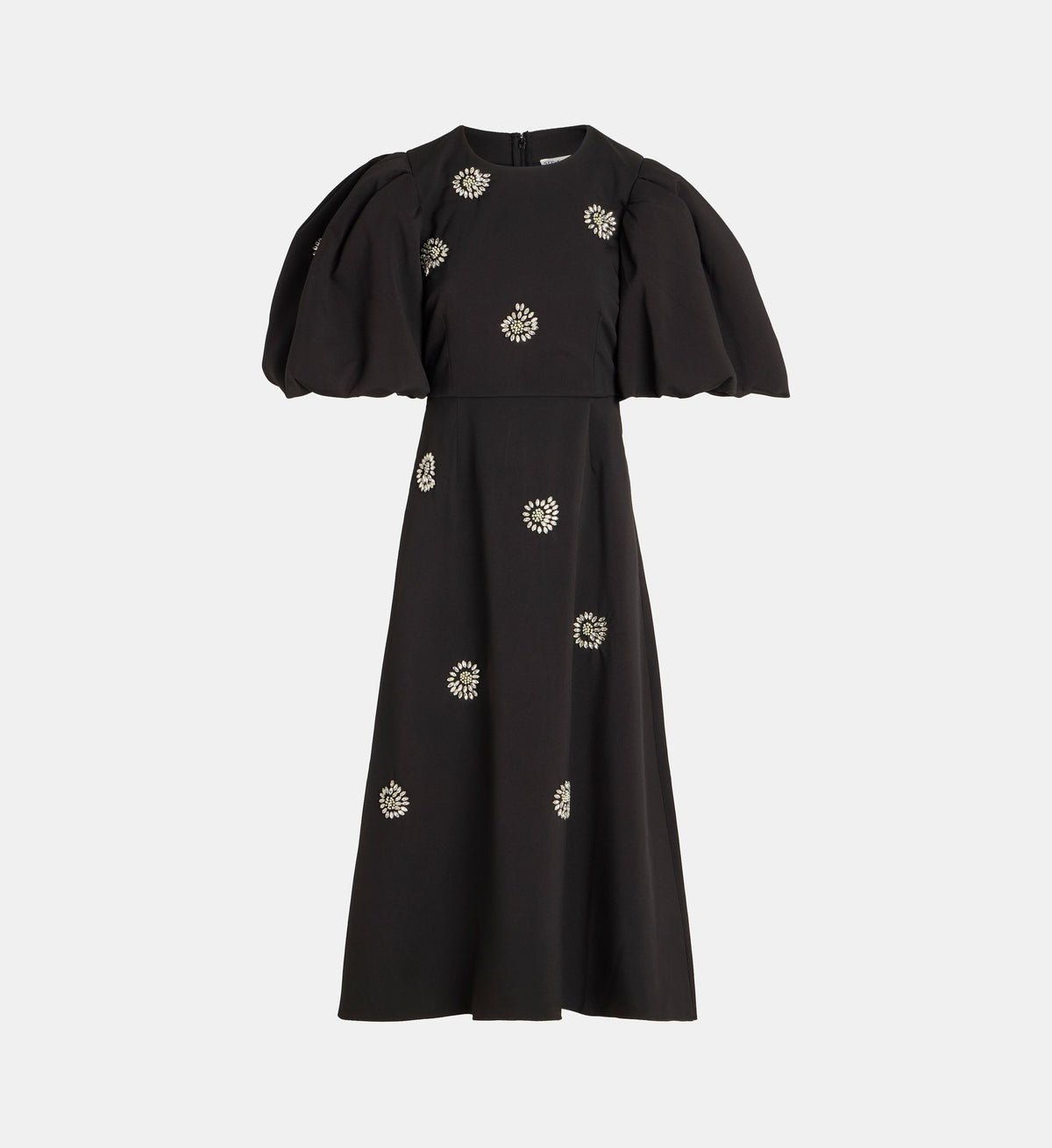 Puff-Sleeve Maxi Dress with Rhinestone Flowers - Black - Image 2