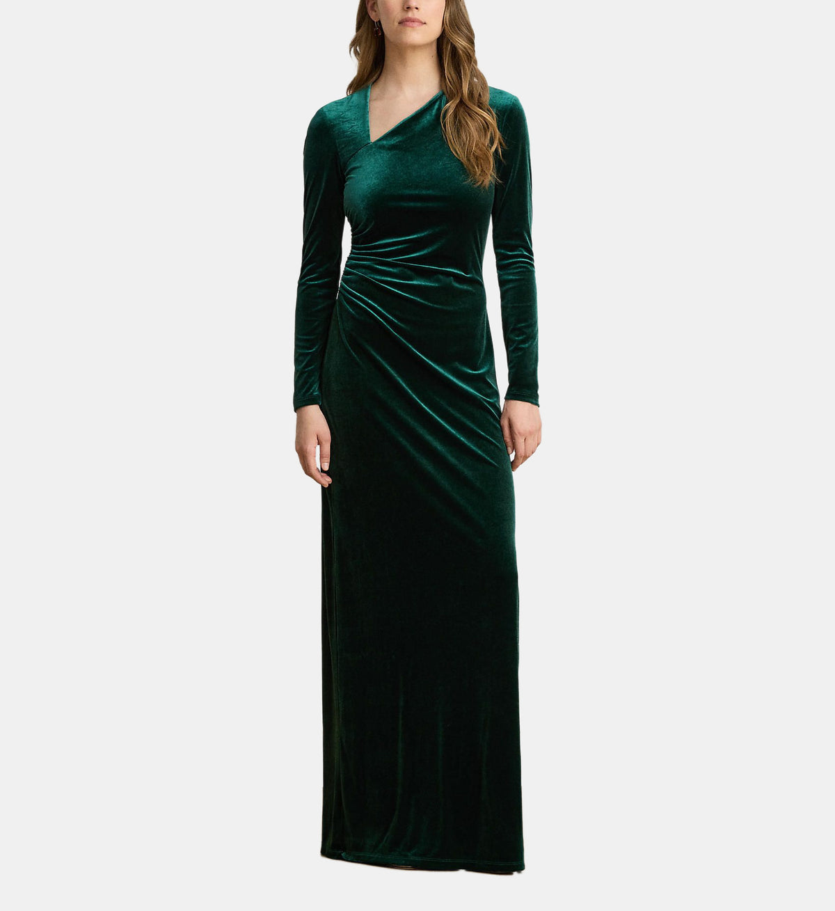 Fitted Asymmetric-Neck Maxi Dress - Dark Green - Image 1