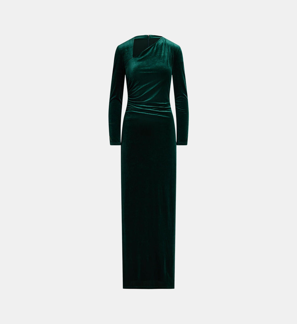 Fitted Asymmetric-Neck Maxi Dress - Dark Green - Image 2