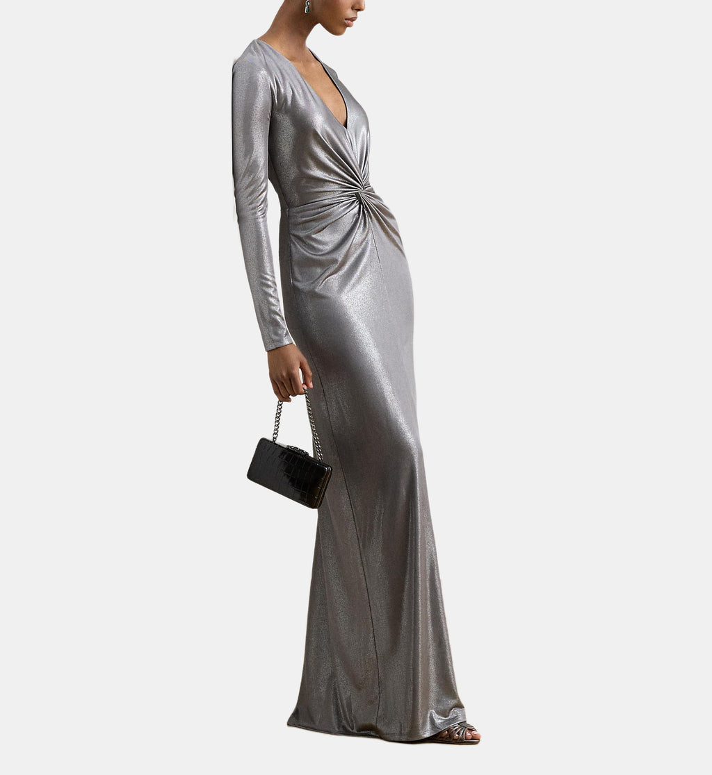 Fitted V-Neck Maxi Dress - Silver - Image 1