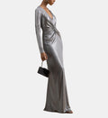 Fitted V-Neck Maxi Dress - Silver - Image 1