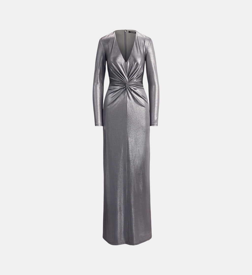 Fitted V-Neck Maxi Dress - Silver - Image 2
