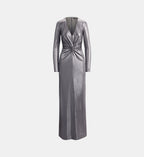 Fitted V-Neck Maxi Dress - Silver - Image 2