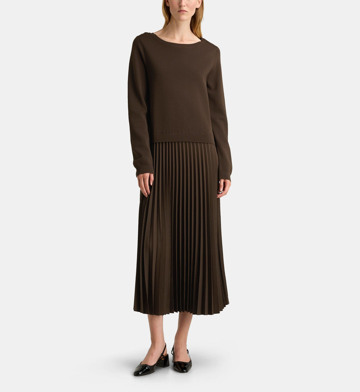 Emma Maxi Dress with Pleated Skirt - Chocolate Brown - Image 1