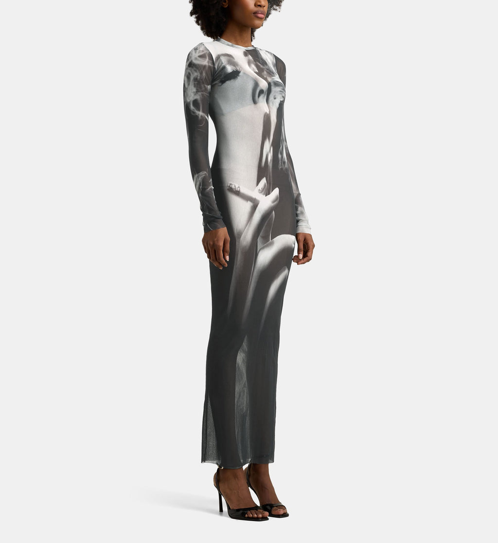 Patterned Mesh Maxi Dress - Black Grey and White - Image 1
