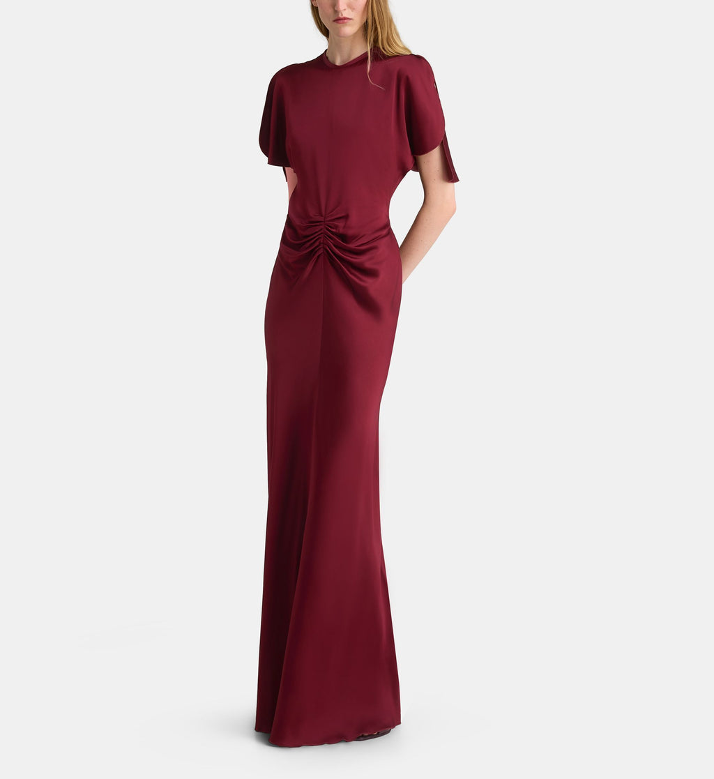 Isabella Fluid Gathered Satin Maxi Dress - Burgundy - Image 1