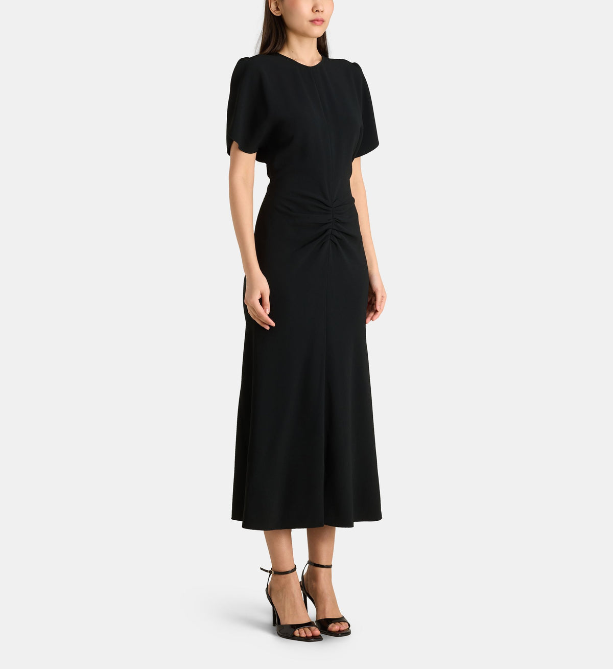 Gathered Maxi Dress with Open Short Sleeves - Black - Image 1