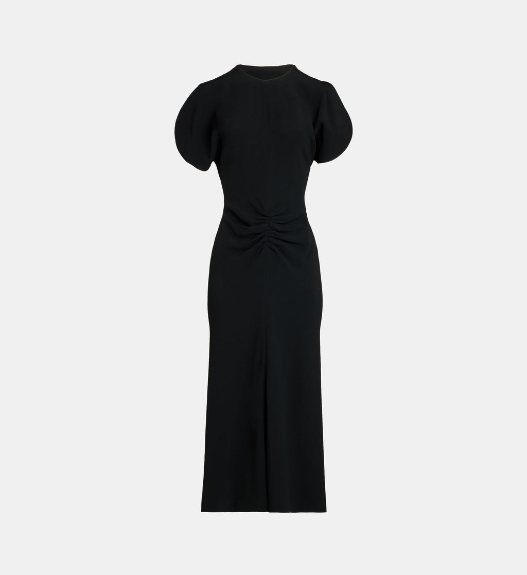Gathered Maxi Dress with Open Short Sleeves - Black - Image 2