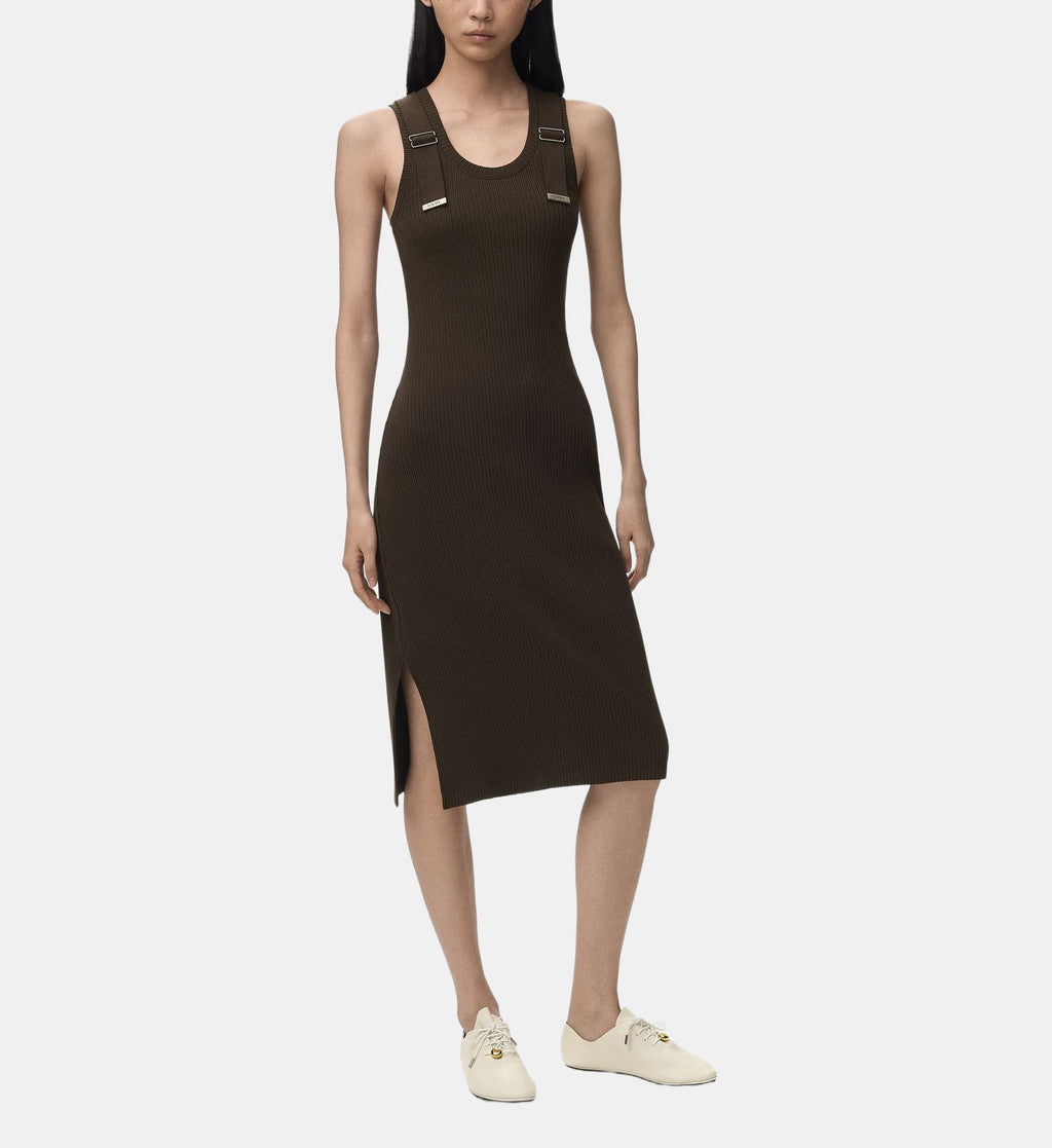 Slim Sleeveless Cotton Midi Dress - Dark Brown - Image 1