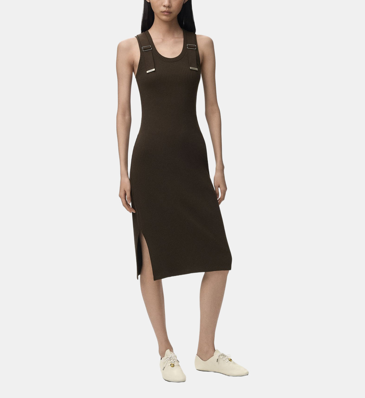 Slim Sleeveless Cotton Midi Dress - Dark Brown - Image 1