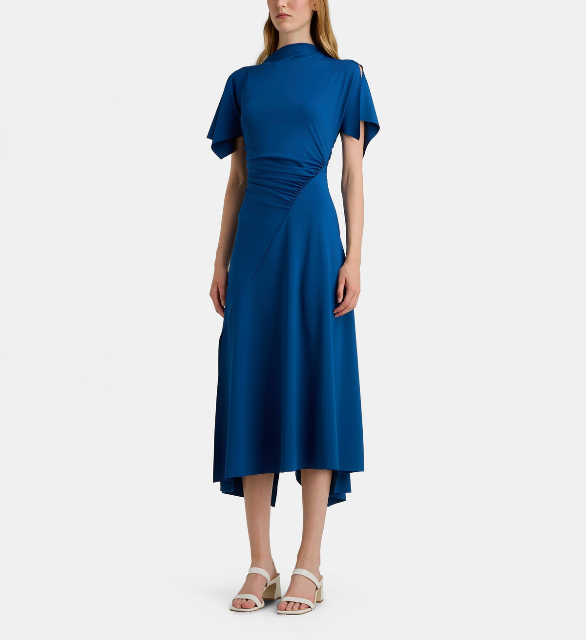 Cap-Sleeve Cowl-Neck Dress with Gathered Details - Ocean Blue - Image 1