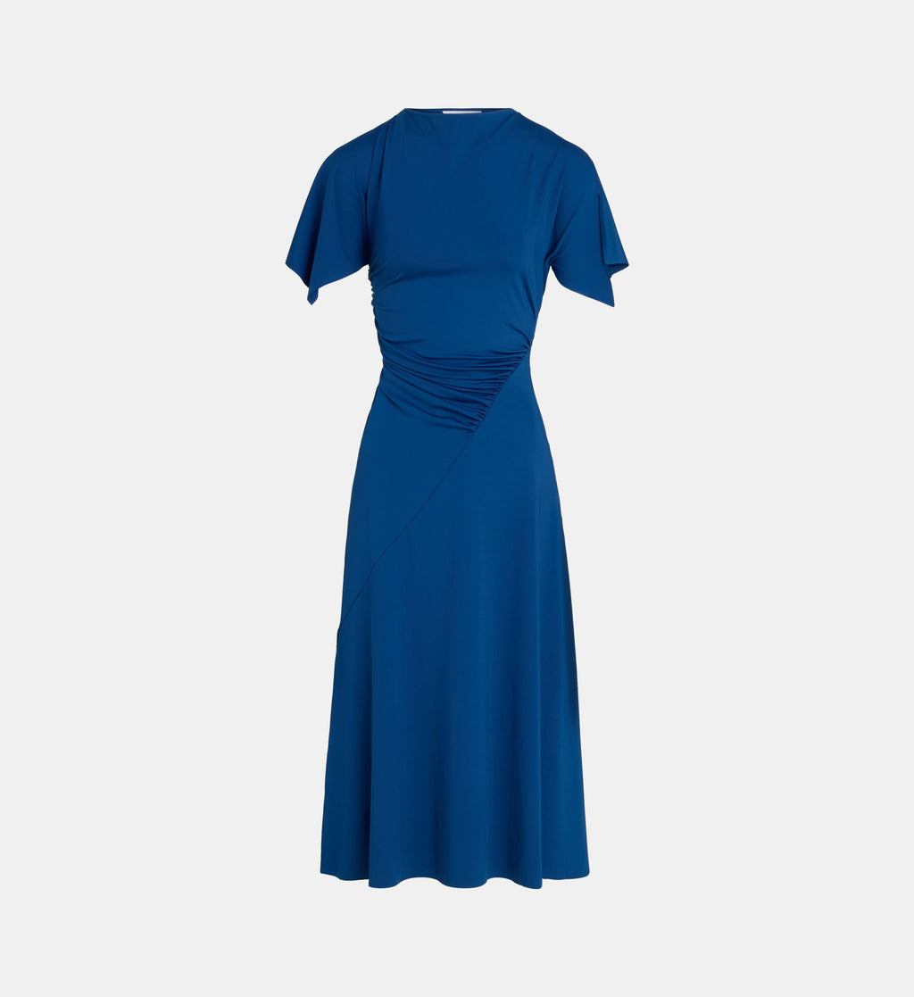 Cap-Sleeve Cowl-Neck Dress with Gathered Details - Ocean Blue - Image 2